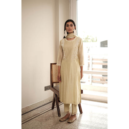 House of Pink Beige Chanderi Embroidered & Embellished Kurta Pant & Dupatta (Set of 3)