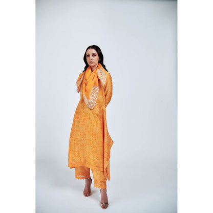 House of Pink Orange Chanderi Printed & Embroidered Kurta Pant & Scarf (Set of 3)