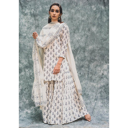 House of Pink Off White Chanderi Floral & Printed Kurta Sharara & Dupatta (Set of 3)