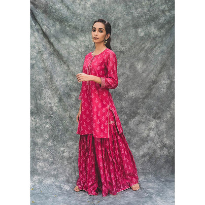 House of Pink Chanderi Floral & Printed Kurta Sharara & Dupatta (Set of 3)