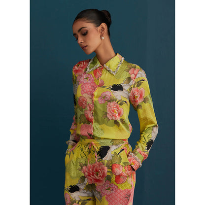 House of Pink Yellow Cotton Silk Floral & Embellished Shirt with Pant (Set of 2)