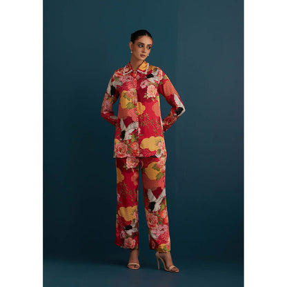House of Pink Red Cotton Silk Floral & Embellished Shirt with Pant (Set of 2)