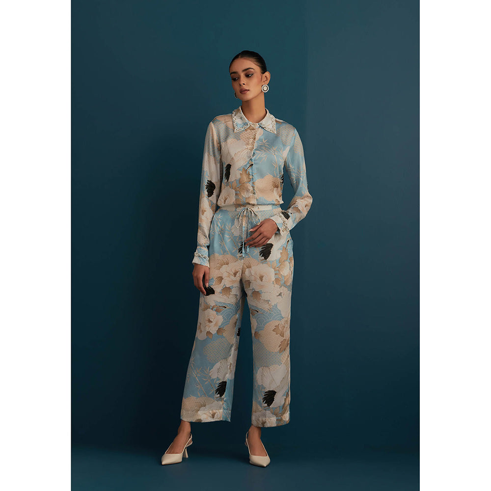 House of Pink Blue Cotton Silk Floral & Embellished Shirt with Pant (Set of 2)