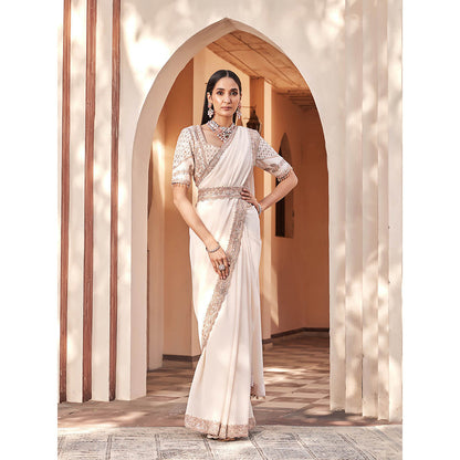 House of Supriya White Embellished Silk Georgette Saree with Stitched Blouse