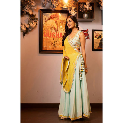 House of Supriya Turquoise Stylised Dupatta with Lehenga & Stitched Blouse (Set of 3)