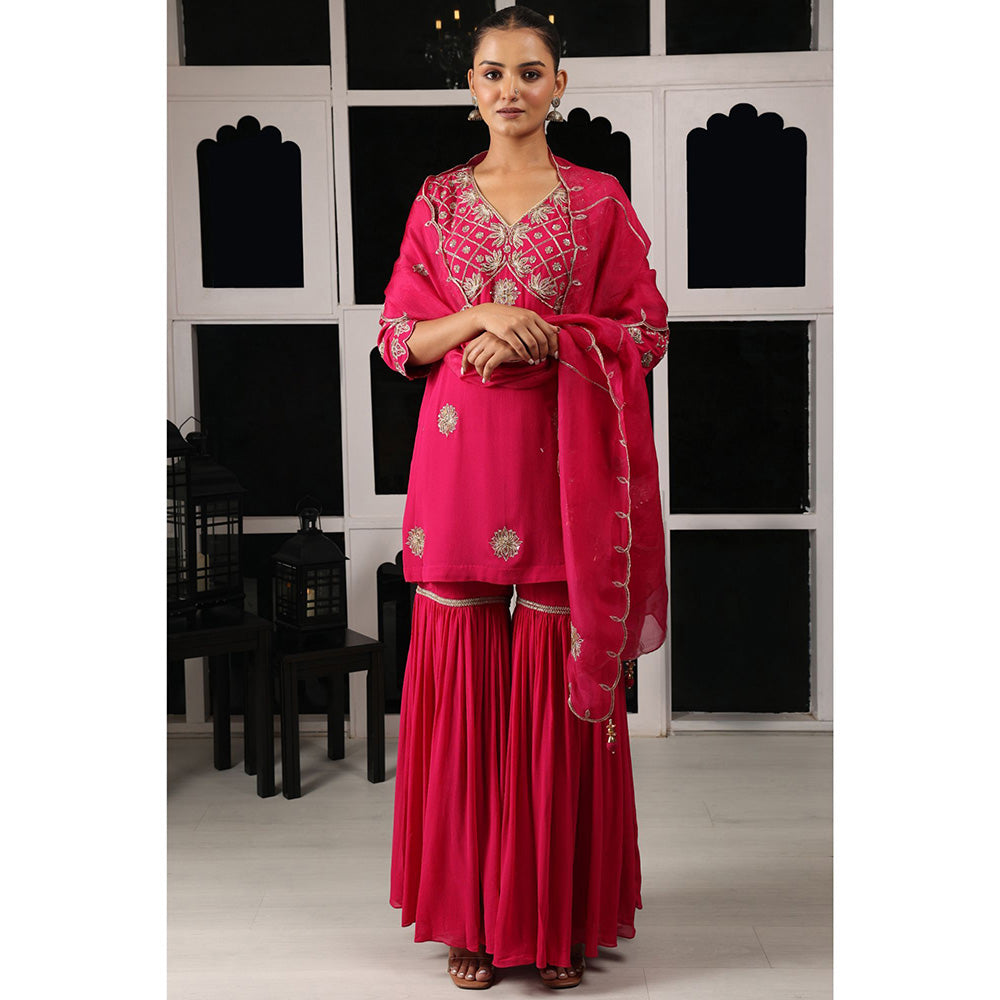 House of Supriya Pink Embellished Kurta & Sharara with Dupatta (Set of 3)