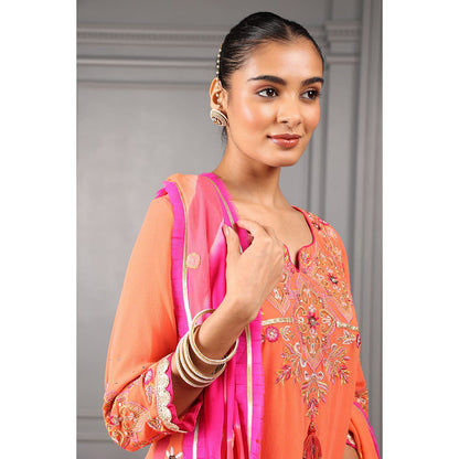 House of Supriya Orange Embroidered High Low Kurta & Pant with Dupatta (Set of 3)