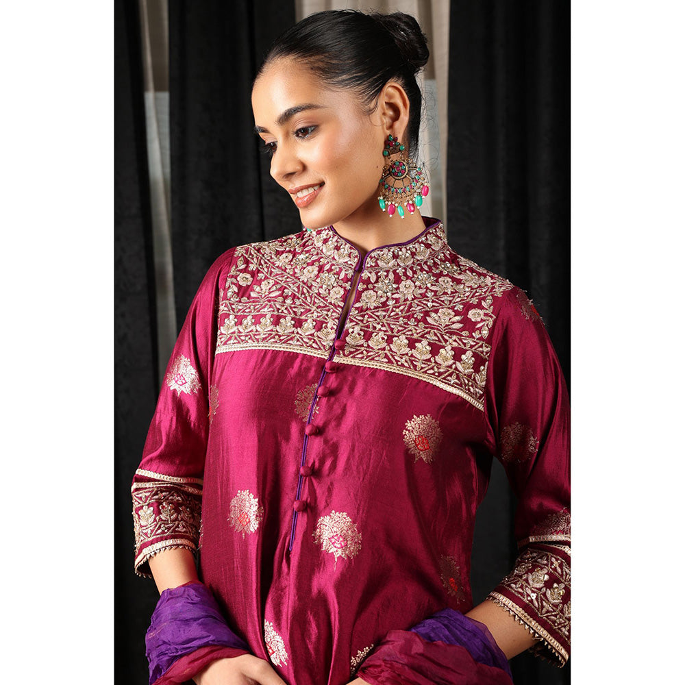 House of Supriya Maroon Embroidered Kurta & Pant with Dupatta (Set of 3)
