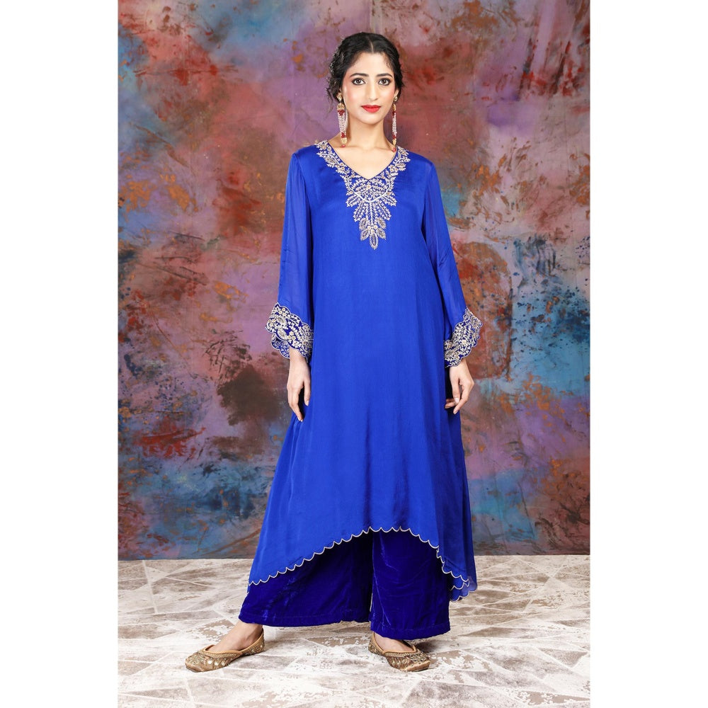 House of Supriya A-Line Asymmetrical Blue Kurta With Palazzo and Slip (Set of 3)