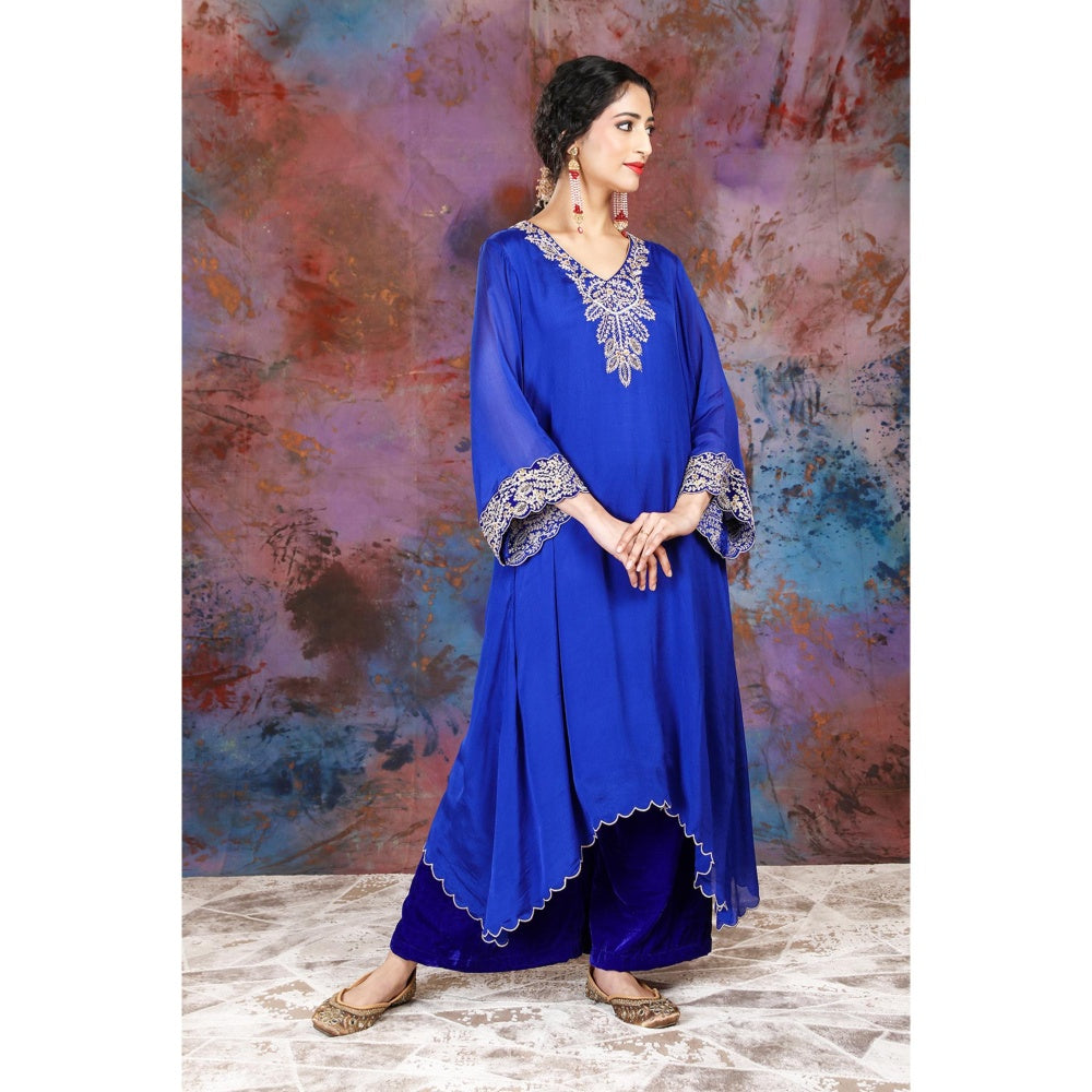 House of Supriya A-Line Asymmetrical Blue Kurta With Palazzo and Slip (Set of 3)