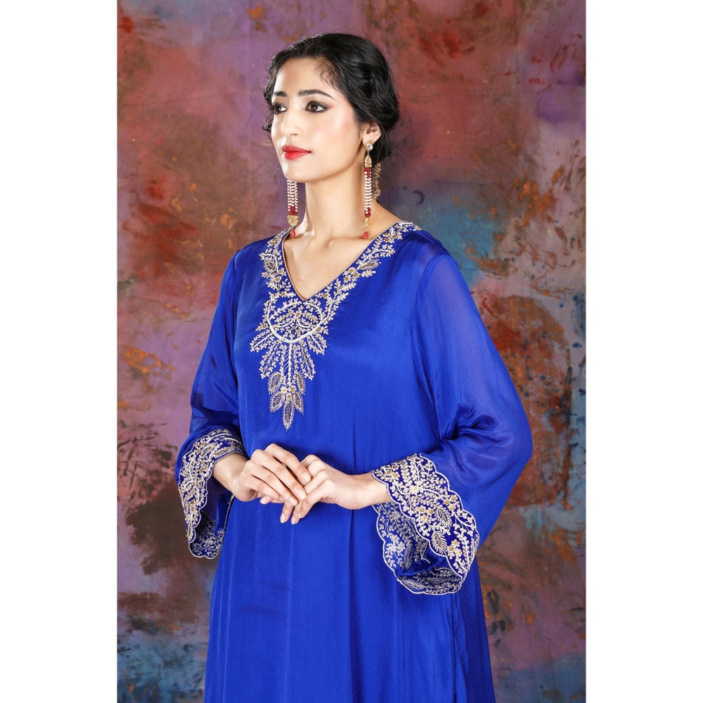 House of Supriya A-Line Asymmetrical Blue Kurta With Palazzo and Slip (Set of 3)