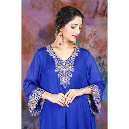 House of Supriya A-Line Asymmetrical Blue Kurta With Palazzo and Slip (Set of 3)