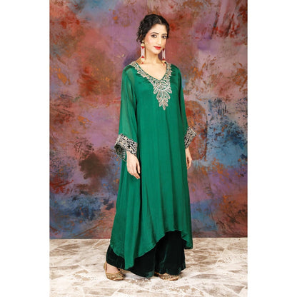 House of Supriya A-Line Asymmetrical Green Kurta With Palazzo and Slip (Set of 3)