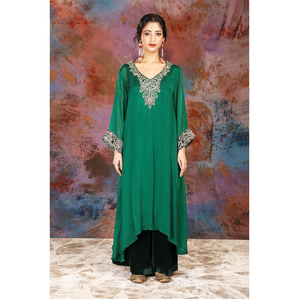 House of Supriya A-Line Asymmetrical Green Kurta With Palazzo and Slip (Set of 3)