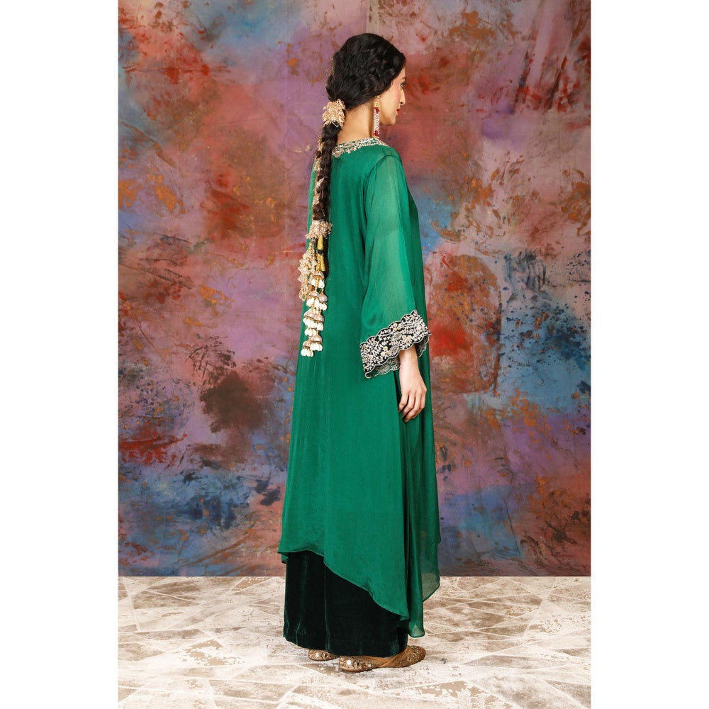 House of Supriya A-Line Asymmetrical Green Kurta With Palazzo and Slip (Set of 3)