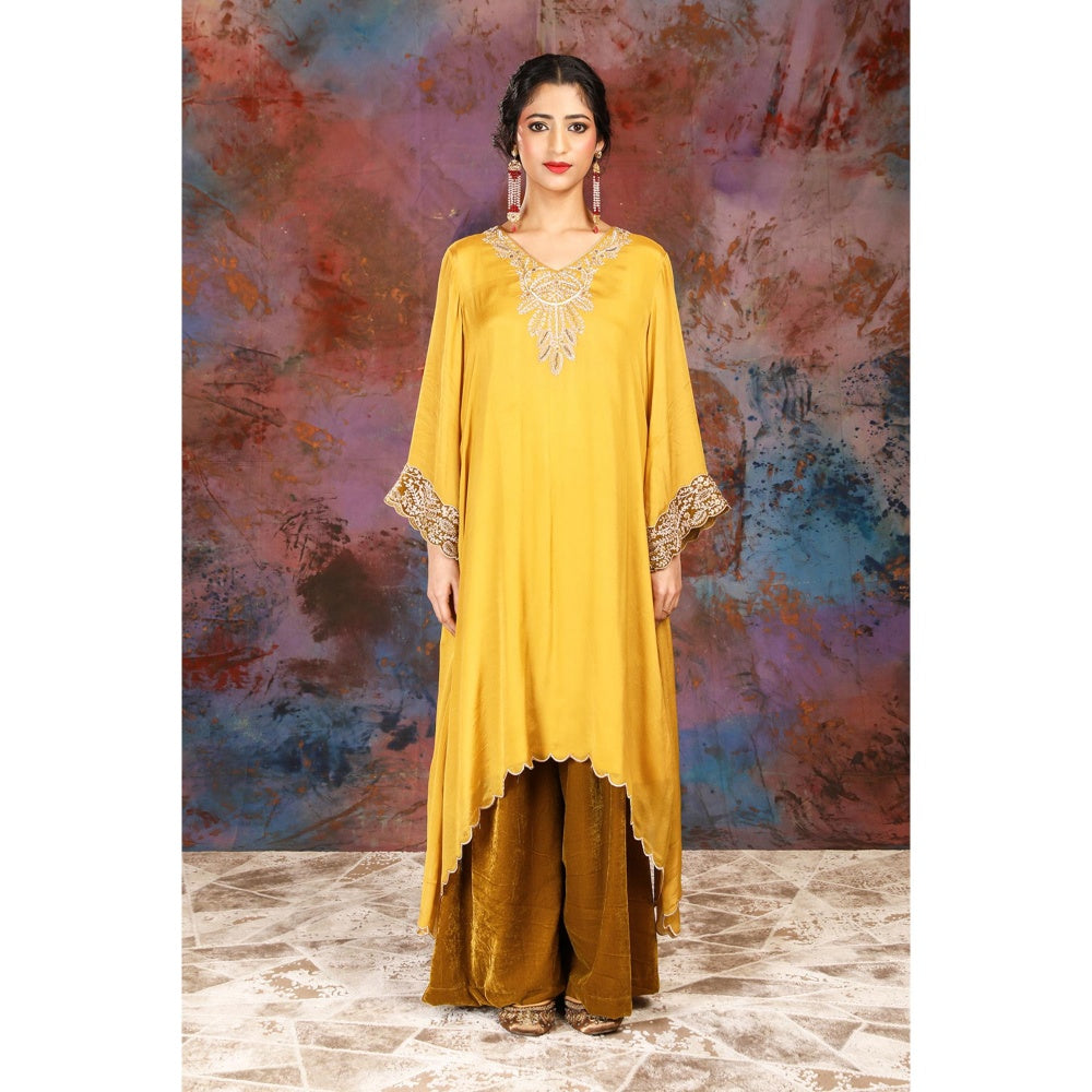 House of Supriya A-Line Asymmetrical Yellow Kurta With Palazzo and Slip (Set of 3)