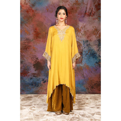 House of Supriya A-Line Asymmetrical Yellow Kurta With Palazzo and Slip (Set of 3)