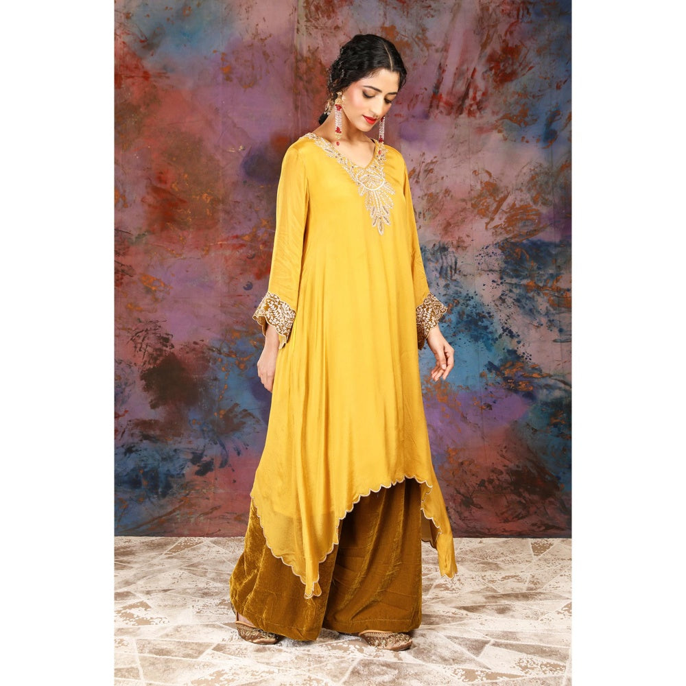 House of Supriya A-Line Asymmetrical Yellow Kurta With Palazzo and Slip (Set of 3)