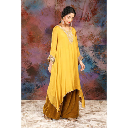 House of Supriya A-Line Asymmetrical Yellow Kurta With Palazzo and Slip (Set of 3)