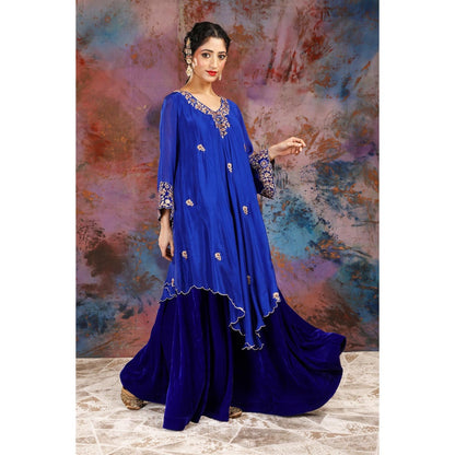 House of Supriya Asymmetrical Blue Kurta With Embroidery With Sharara and Slip (Set of 3)