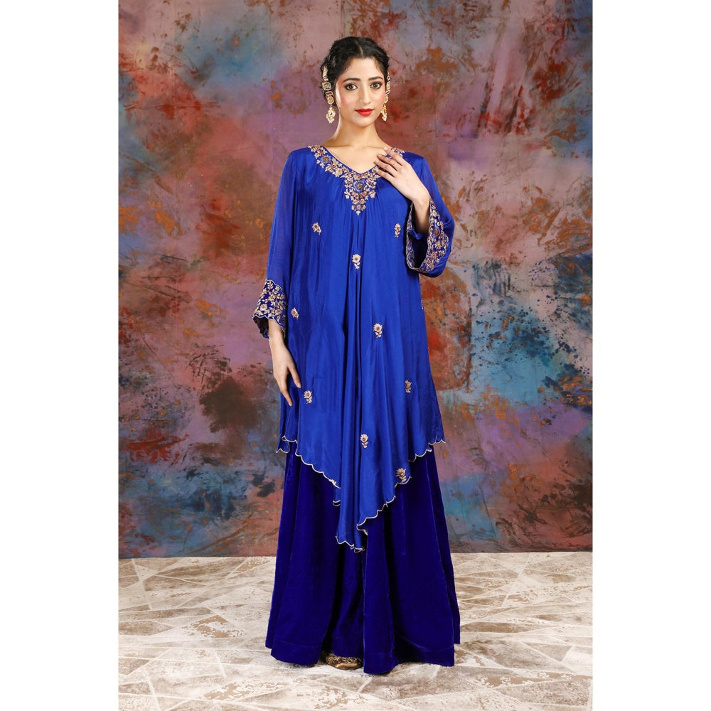 House of Supriya Asymmetrical Blue Kurta With Embroidery With Sharara and Slip (Set of 3)