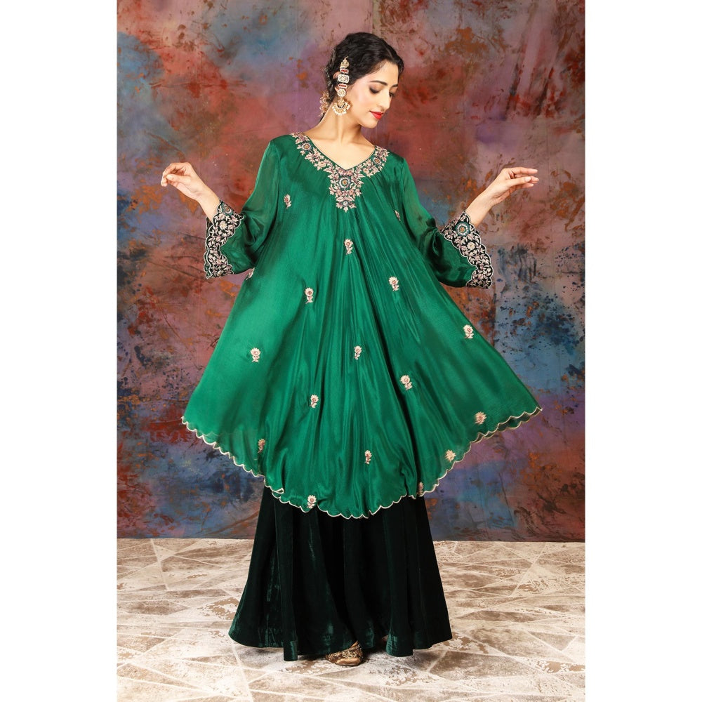 House of Supriya Asymmetrical Green Kurta With Embroidery With Sharara and Slip (Set of 3)