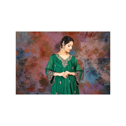 House of Supriya Asymmetrical Green Kurta With Embroidery With Sharara and Slip (Set of 3)