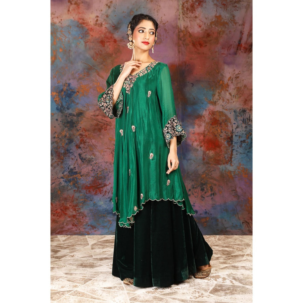 House of Supriya Asymmetrical Green Kurta With Embroidery With Sharara and Slip (Set of 3)