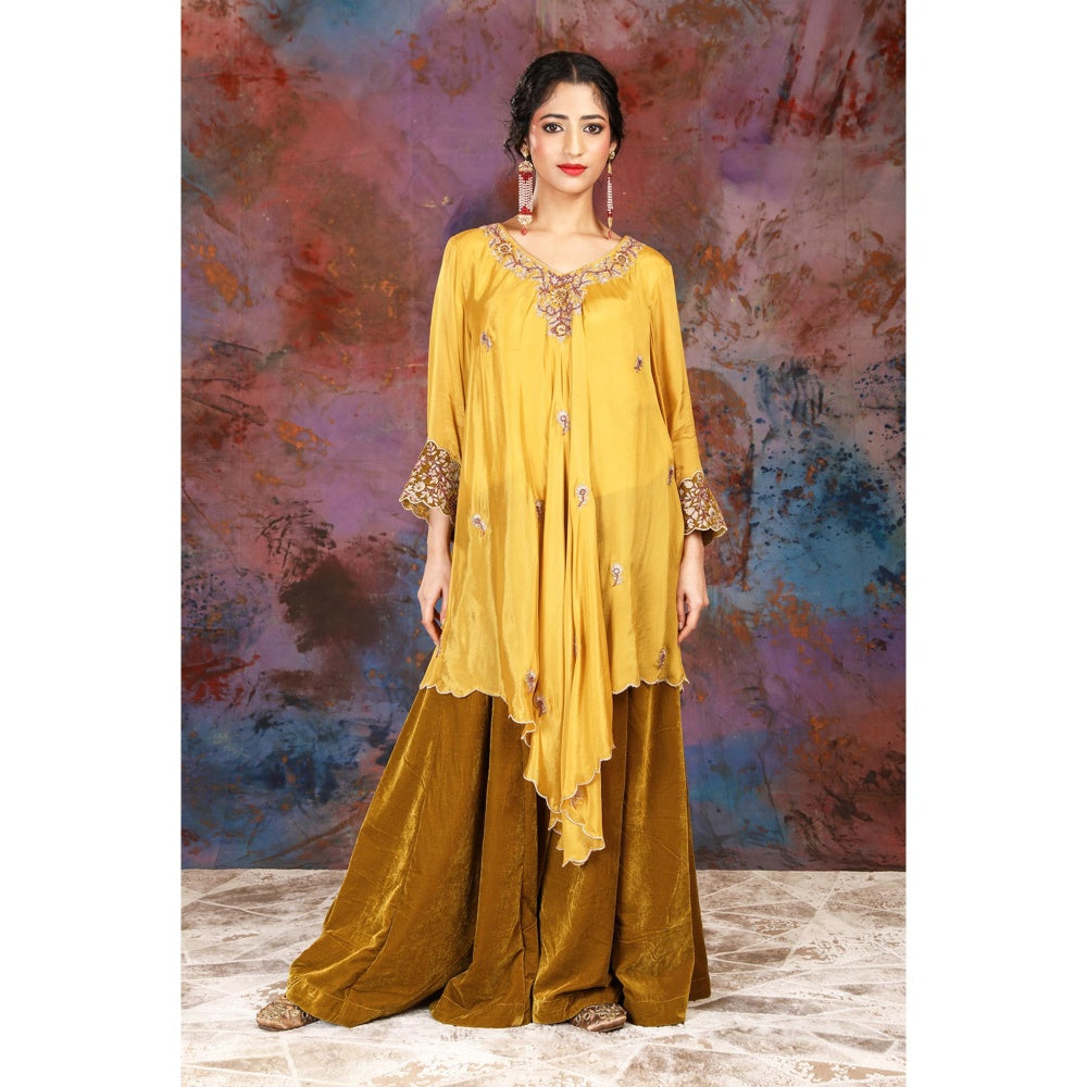 House of Supriya Asymmetrical Yellow Kurta With Embroidery With Sharara and Slip (Set of 3)
