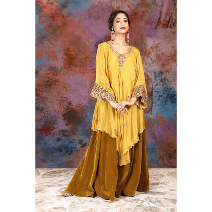House of Supriya Asymmetrical Yellow Kurta With Embroidery With Sharara and Slip (Set of 3)