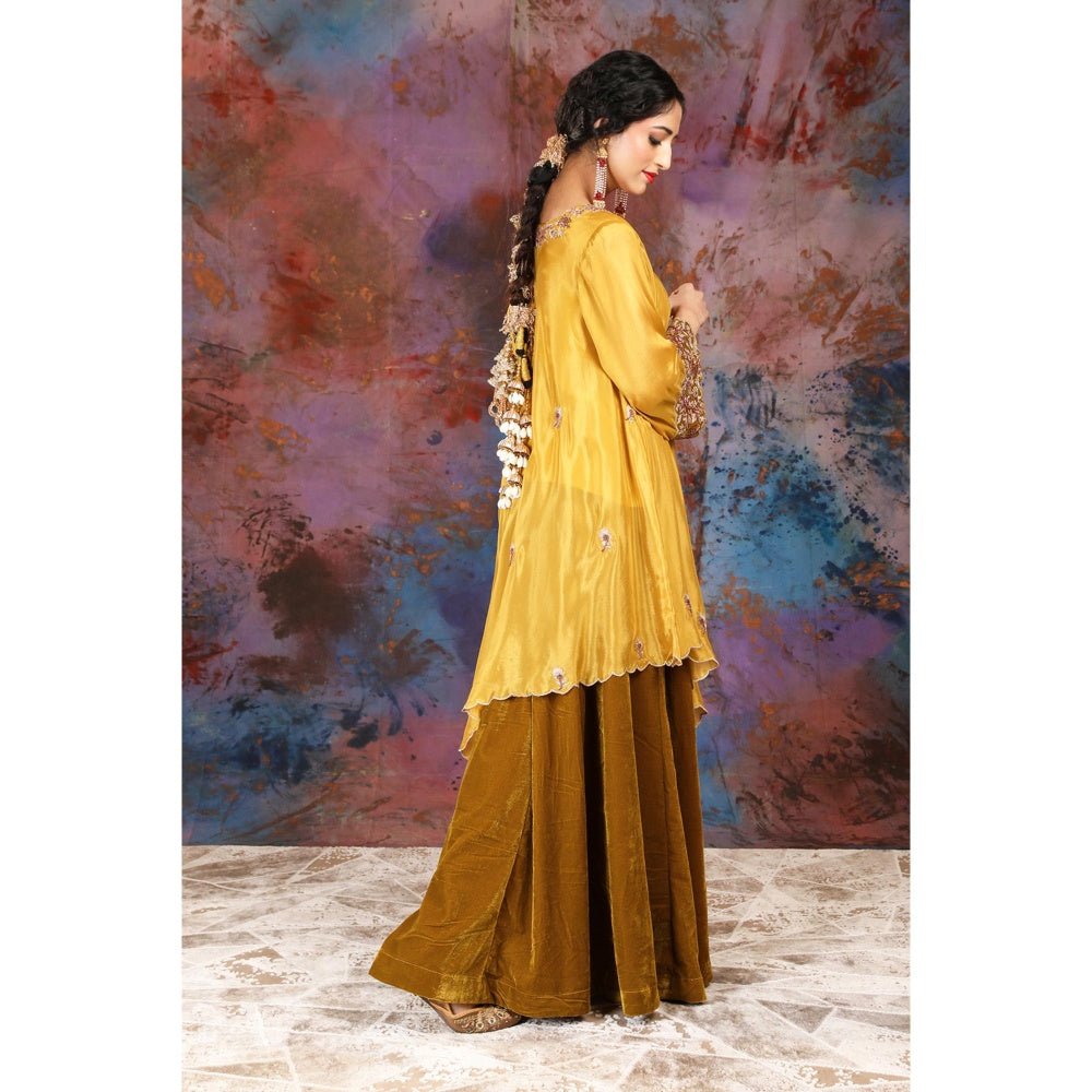 House of Supriya Asymmetrical Yellow Kurta With Embroidery With Sharara and Slip (Set of 3)