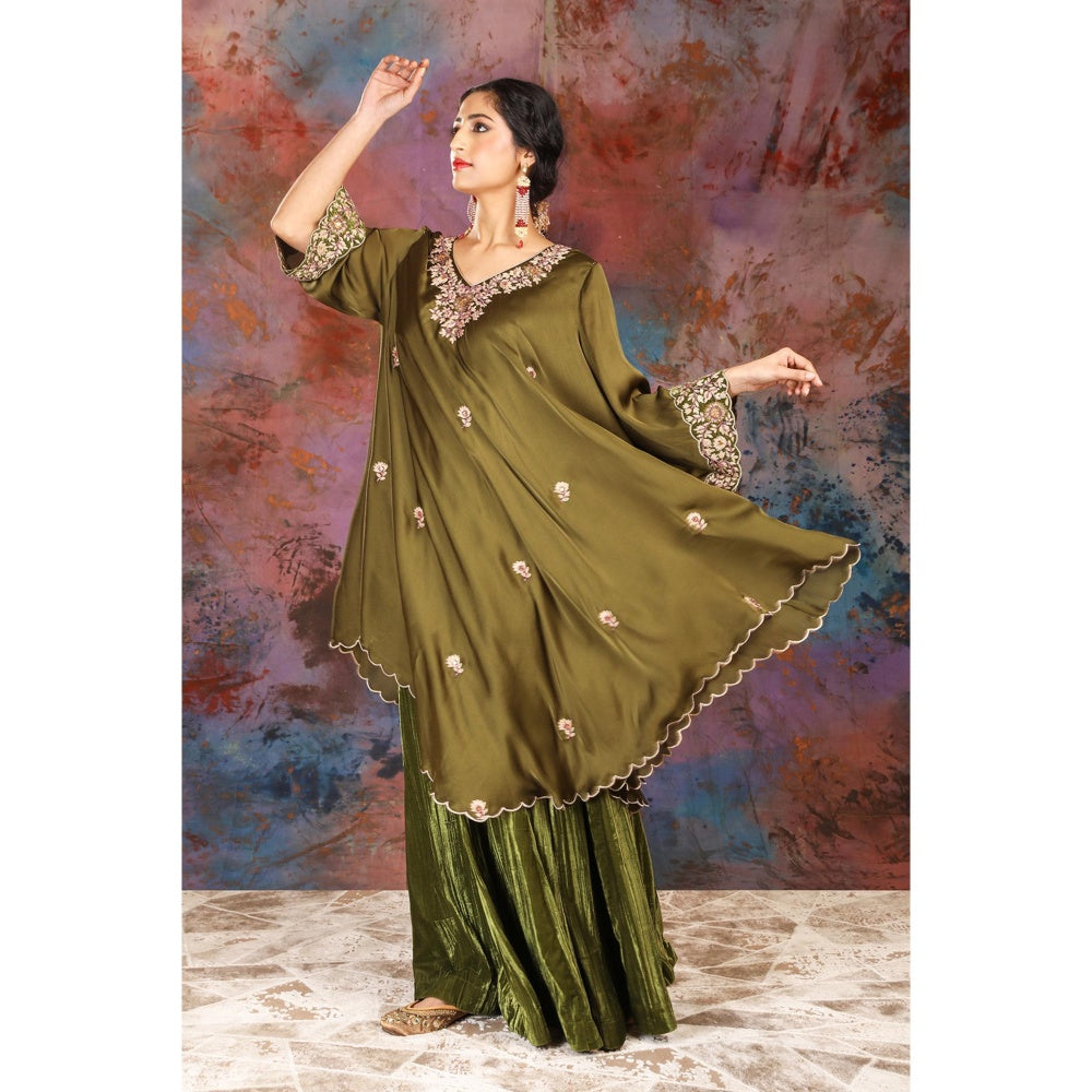 House of Supriya Asymmetrical Olive Kurta With Embroidery With Sharara and Slip (Set of 3)