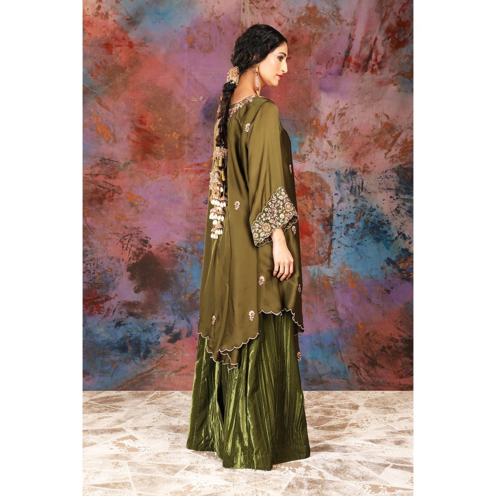 House of Supriya Asymmetrical Olive Kurta With Embroidery With Sharara and Slip (Set of 3)