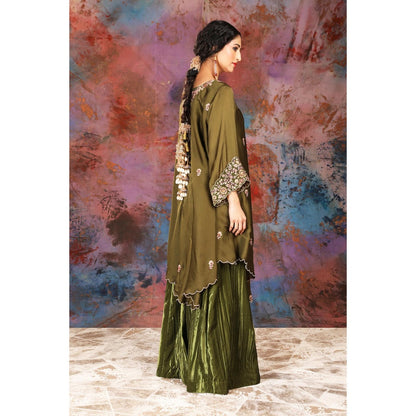 House of Supriya Asymmetrical Olive Kurta With Embroidery With Sharara and Slip (Set of 3)