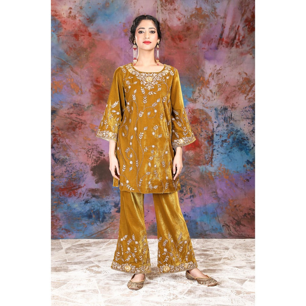 House of Supriya Full Jaal Embroidered Mustard Kurti Paired With Palazzo (Set of 2)