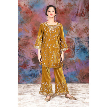 House of Supriya Full Jaal Embroidered Mustard Kurti Paired With Palazzo (Set of 2)