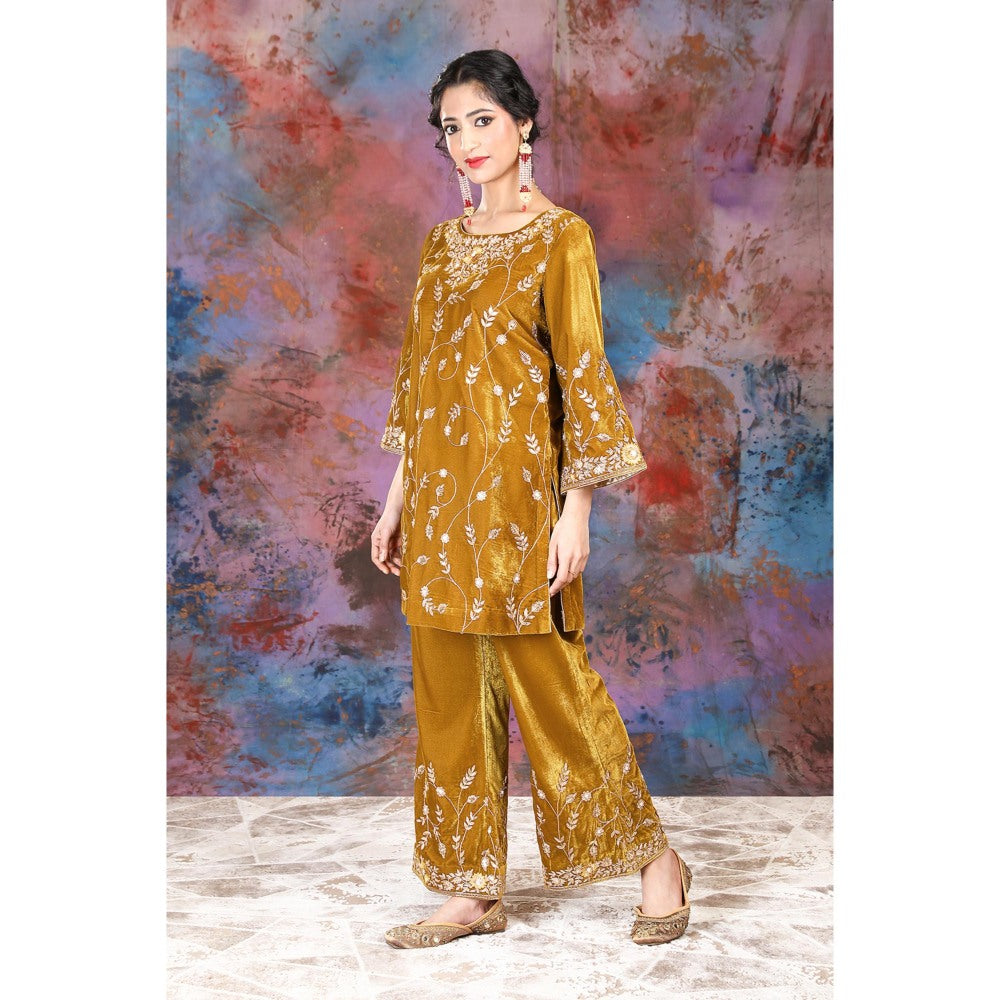 House of Supriya Full Jaal Embroidered Mustard Kurti Paired With Palazzo (Set of 2)
