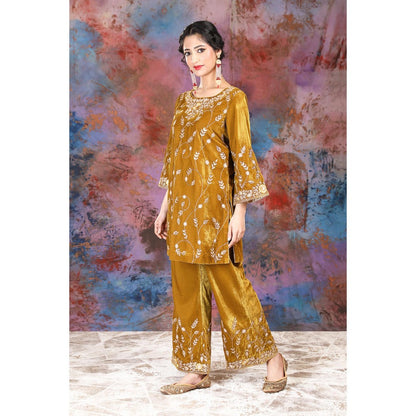 House of Supriya Full Jaal Embroidered Mustard Kurti Paired With Palazzo (Set of 2)