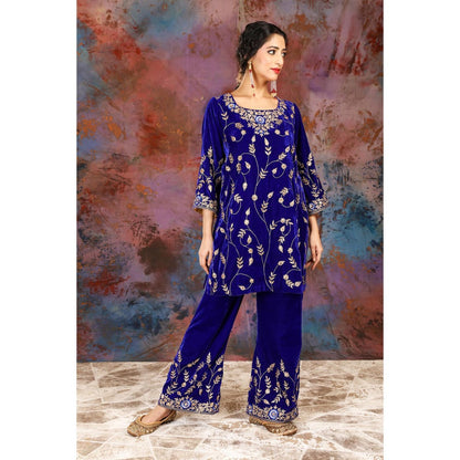 House of Supriya Full Jaal Embroidered Blue Kurti Paired With Palazzo (Set of 2)