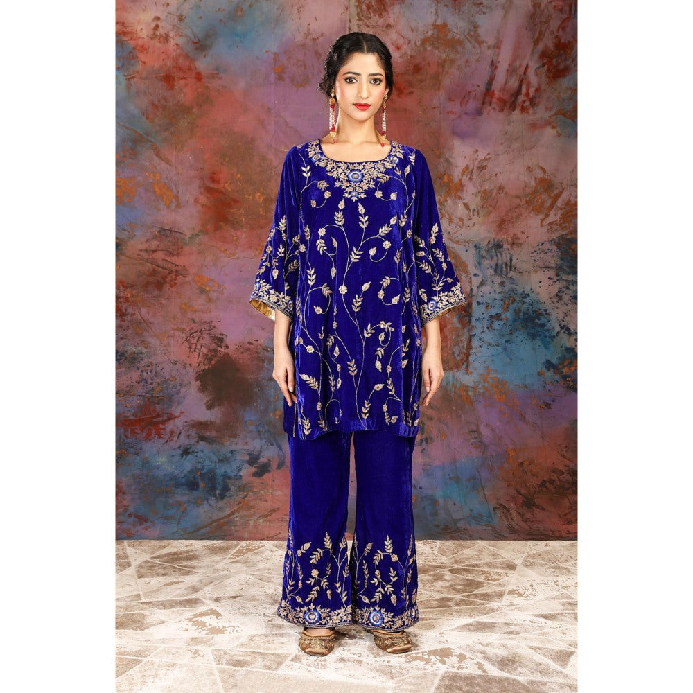 House of Supriya Full Jaal Embroidered Blue Kurti Paired With Palazzo (Set of 2)