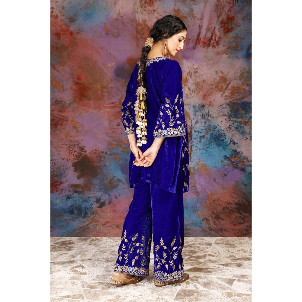 House of Supriya Full Jaal Embroidered Blue Kurti Paired With Palazzo (Set of 2)