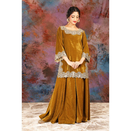 House of Supriya Intricate Mirror Embroidered Mustard Kurti Paired With Sharara (Set of 2)