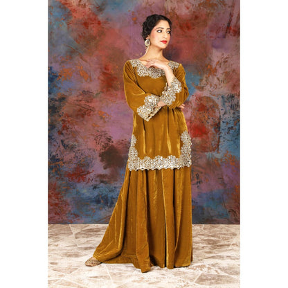 House of Supriya Intricate Mirror Embroidered Mustard Kurti Paired With Sharara (Set of 2)