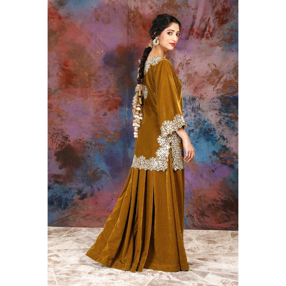 House of Supriya Intricate Mirror Embroidered Mustard Kurti Paired With Sharara (Set of 2)