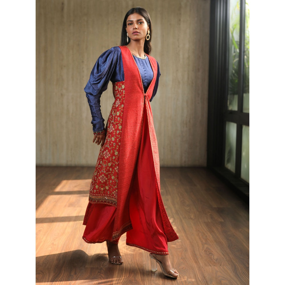 House of Kosh Blue Crop Top with Pink Asymmetric Jacket and Palazzo (Set of 3)