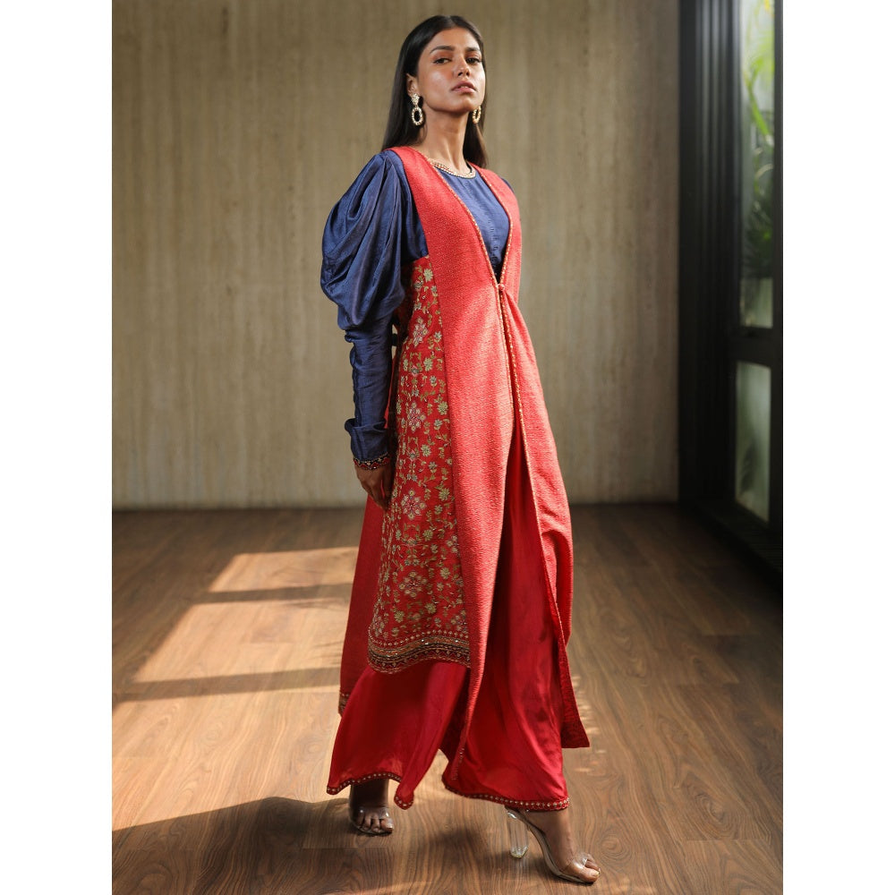 House of Kosh Blue Crop Top with Pink Asymmetric Jacket and Palazzo (Set of 3)