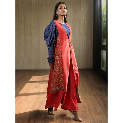House of Kosh Blue Crop Top with Pink Asymmetric Jacket and Palazzo (Set of 3)