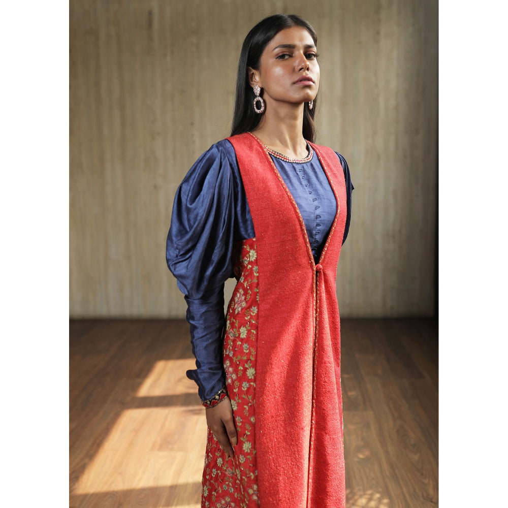 House of Kosh Blue Crop Top with Pink Asymmetric Jacket and Palazzo (Set of 3)