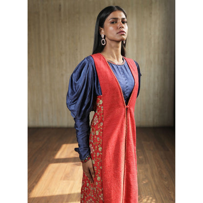House of Kosh Blue Crop Top with Pink Asymmetric Jacket and Palazzo (Set of 3)