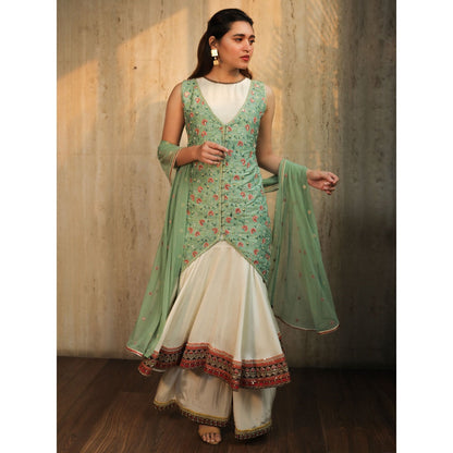 House of Kosh Ivory Flare Kurta with Palazzo-Dupatta and Green Embroidered Jacket (Set of 4)